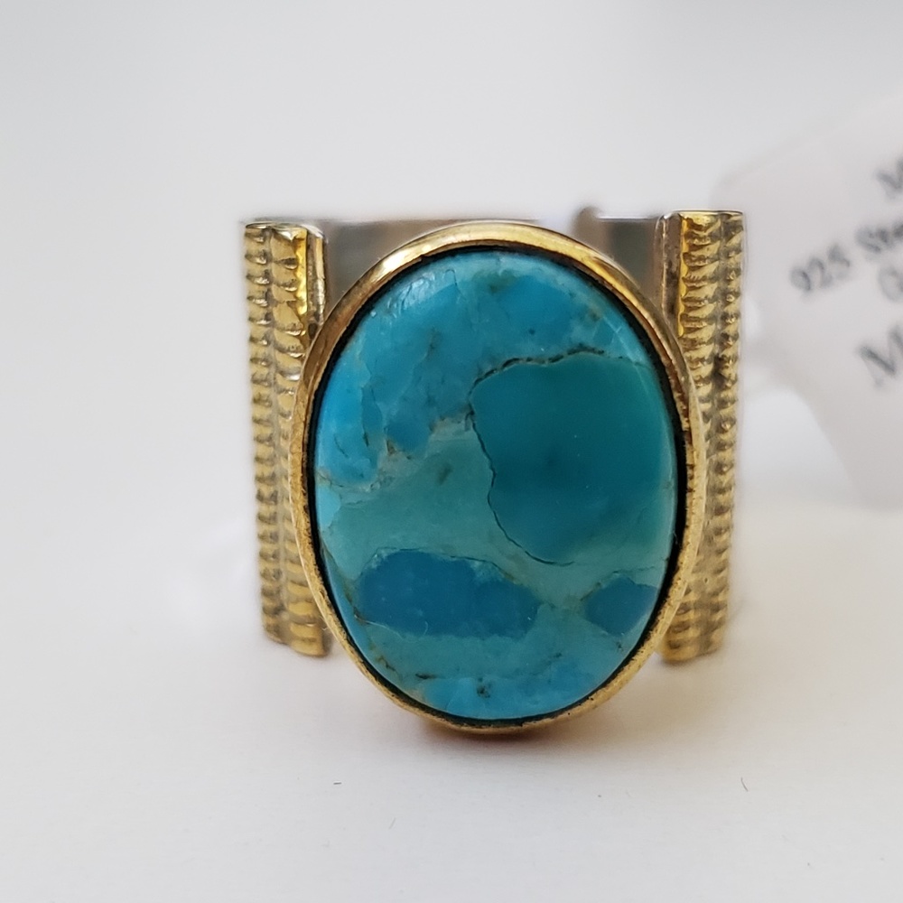 925 Sterling Silver & Brass Mohave Turquoise Ring Size 6.5 - Picture 4 of 9
